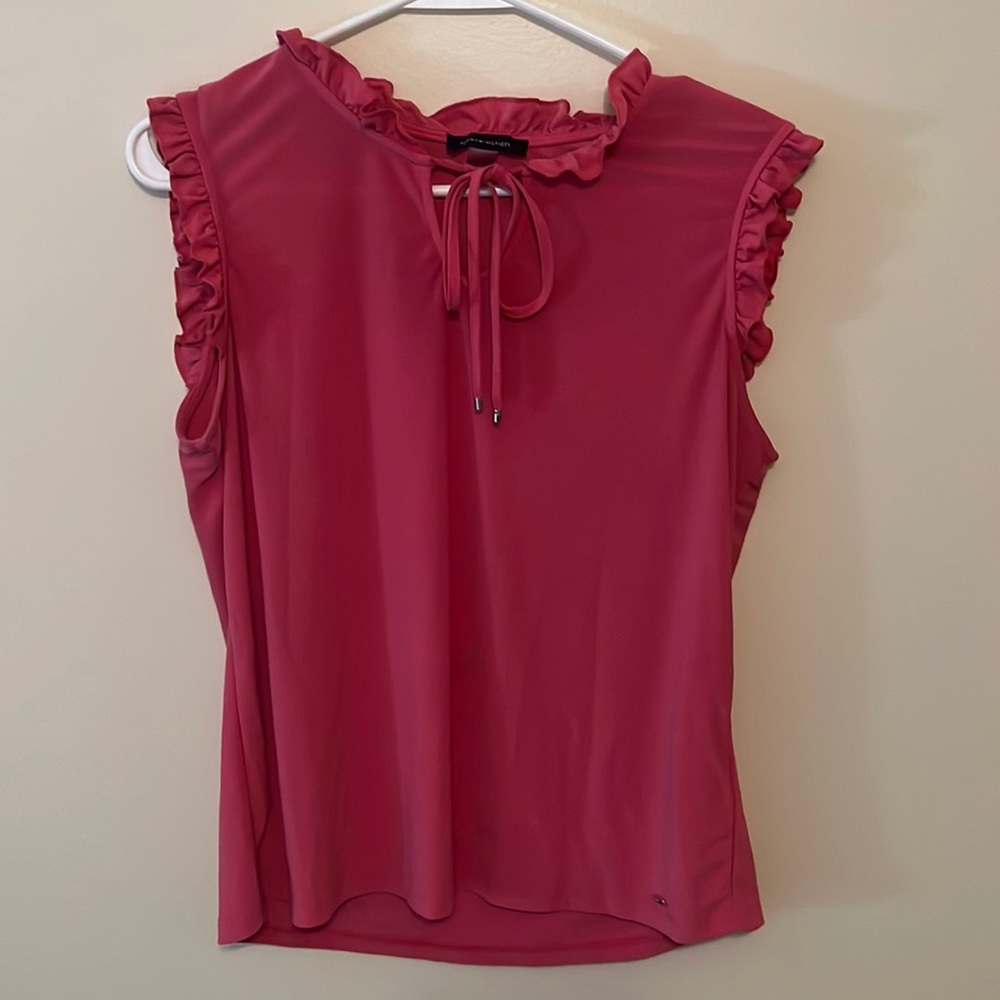 Pink ruffle blouse with neck tie